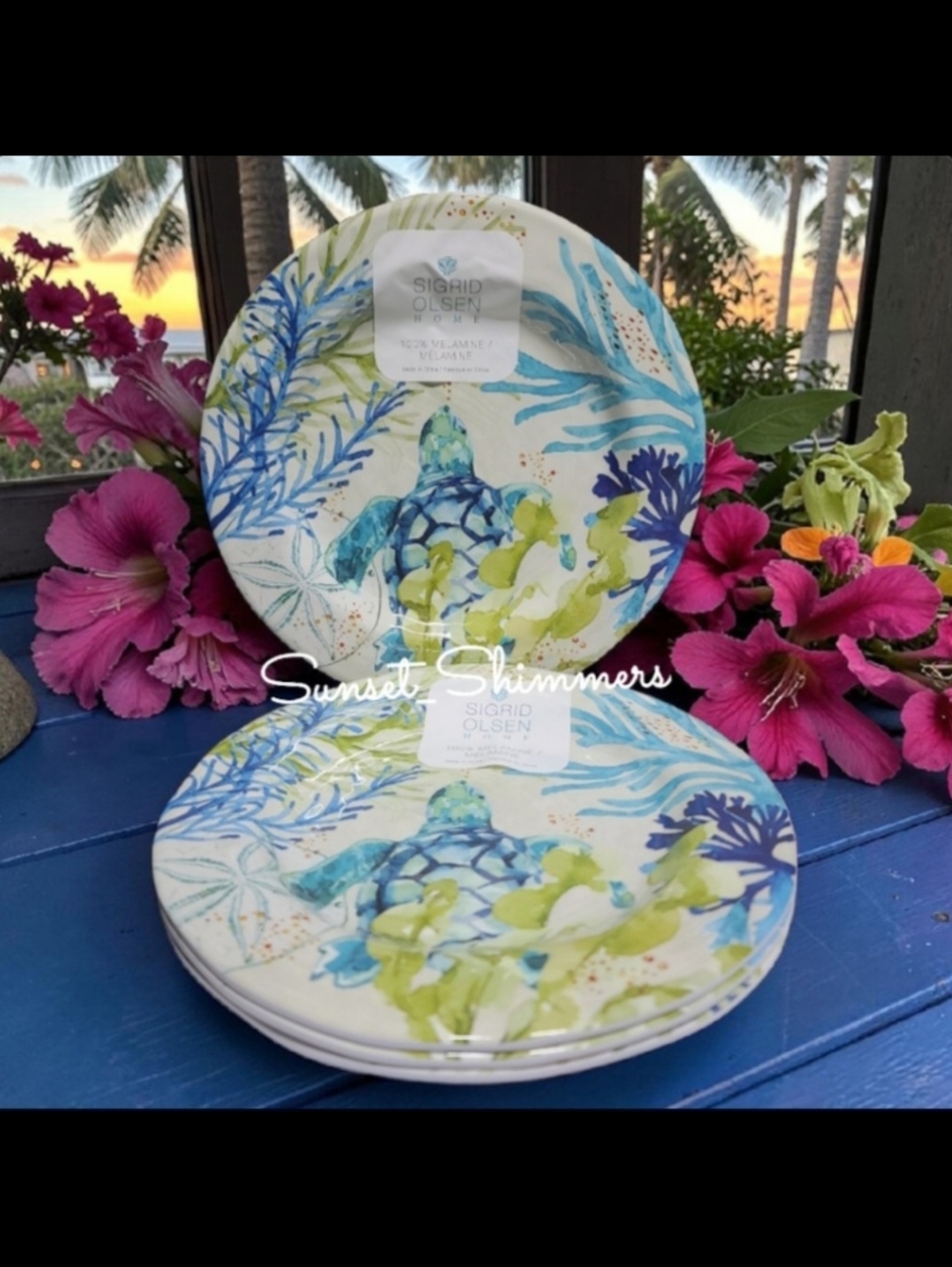 4 Sigrid Olsen Melamine Salad App Dessert Plate Sea Turtle Blue Green Watercolor
